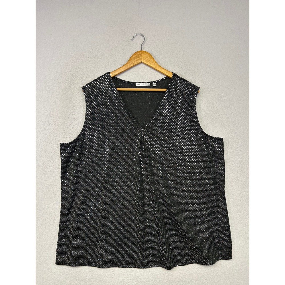 Party Glam Notations Woman Plus 2X Black Silver Sequin V-Neck Sleeveless Top